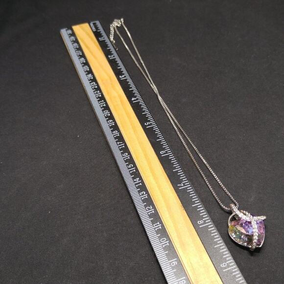 Crystal Pink Heart Pendant Necklace, Chain 18", AB Rhinestones, 18KGP, 18 Inch - Picture 5 of 8